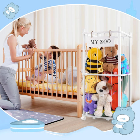 GLDZI Stuffed Animal Storage Zoo with Wheels, Wooden Stuffed Animal Organizer with Elastic Cords, Space Saving Toy