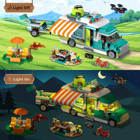 Set 3-IN-1 879PCS 6-12 HOGOKIDS City Camper Van Building with LED Light - Holiday RV Camping Building Toy for Kids