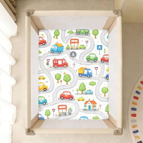CZXW 52" 28" Cartoon Playful Roadways Crib Sheets Fitted x Natural Cotton Soft & Breathable for Baby Crib Mattress