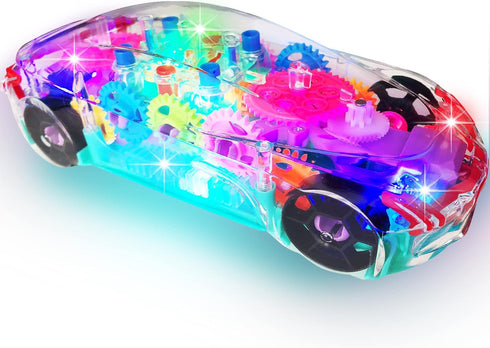 ArtCreativity Light Up Transparent Sensory Car Toy for Kids, 1PC Bump and Go with Colorful Gears and Music