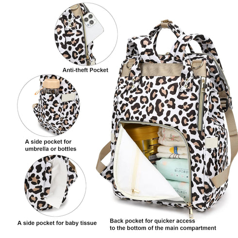 Yusudan Backpack Leopard Diaper Bag for Baby Boys Girls, Waterproof Large Nappy Bags for Mom & Dad