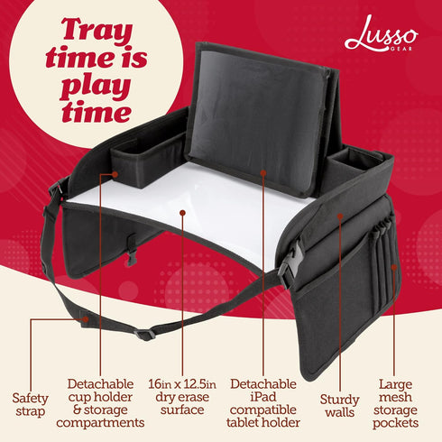 Lusso Gear Kids Travel Tray for Toddler & Kids Car Seat, Black Lap Tray for Airplane, Road Trip Activities