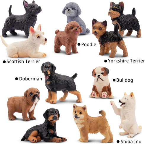 12PCS Dog Figurines, Realistic Plastic Puppy Figurines, Hand Painted Emulational Tiny Dogs Animals Toy, Dog Cake Topper Christmas Birthday Gift for Kids & Toddlers