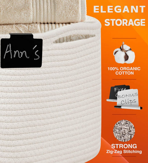 CHAT BLANC Cotton Rope Baskets for Organizing, Small Laundry Baskets, Woven Storage Bins, Creamy White 3 Pack