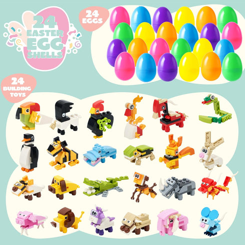 24 Packs 3.23" JOYIN Prefilled Easter Eggs with Toys, Cute Animals Building Blocks for Basket Stuffers, Kids Party