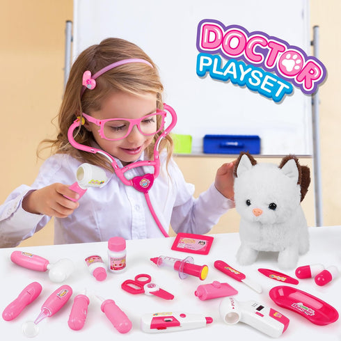 33Pcs Set 3 4 5 6-8 Pet Doctor Kit for Toddlers - Dress Up Costume & Pretend Doctor Play with Cat Toy, Stethoscope