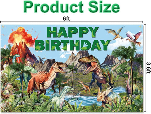 Dinosaur Birthday Decorations, Dino Happy Birthday Banner, Dinosaur Themed Party Supplies for Kids, 6 x 3.6 Feet