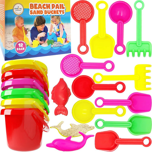 Playsets (Pack 6) 3.25" Set The Dreidel Company Mini Beach Day of Sand Bucket Play Box Includes, Pail, Shovel, Rake
