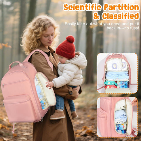 34L Backpack Pack Expandable Diaper Bag Baby Travel Bag with Changing Pad, Waist & Stroller Straps, Lightweight