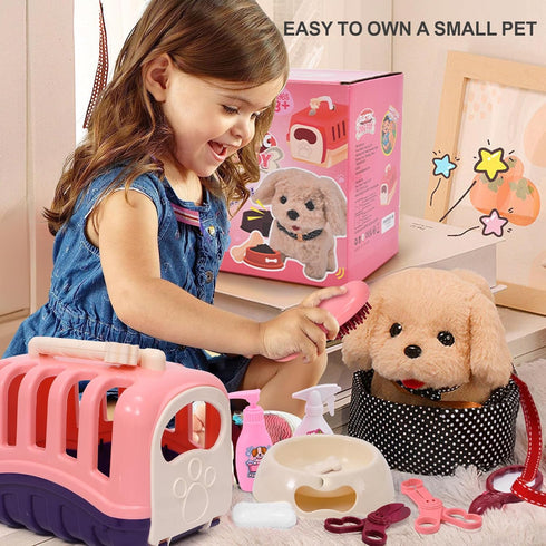 G.C 13Pcs Interactive Stuffed Dog Toys for Kids Girls - Walking Barking Plush with Carrier & Accessories Playset