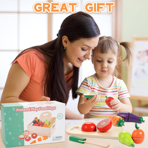 Set 3 4 5 6 7 Wooden Play Food for Toddlers, Fruit and Veggies Cutting for Kids, Pretend Food Play Kitchen Accessories