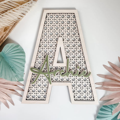 Custom Boho Wood Personalized Initial & Name Sign - Handmade Rattan Wall Decor for Nursery or Child's Bedroom - Baby