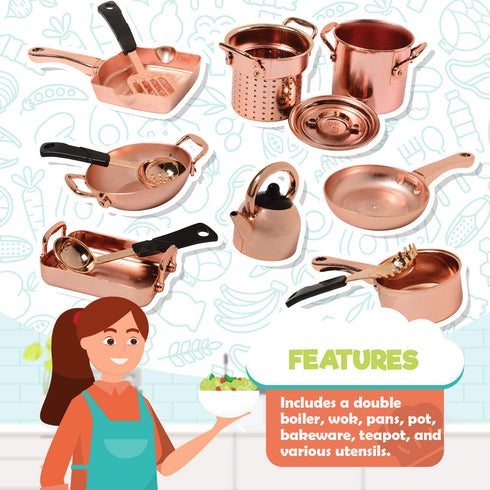 CP Toys 13 Set 3 Piece Plastic Copper Look Cookware for Pretend Kitchen Play for Ages Years and Up