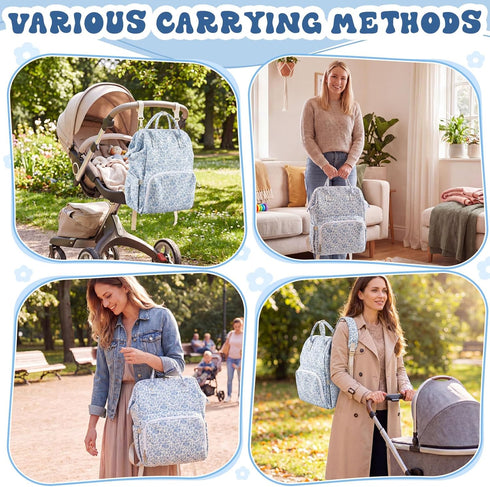 Sunnymove Backpack Backpack Blue Corduroy Floral Diaper Bag for Mom Large Capacity Multifunction Travel for Women, Cute