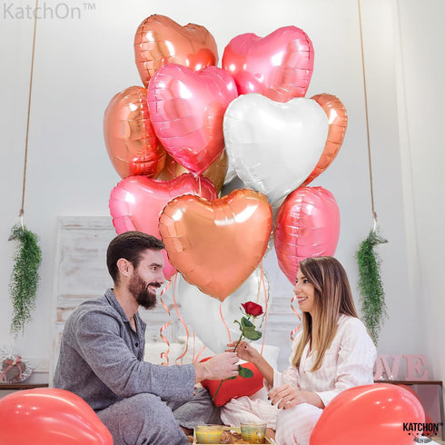 KatchOn Pack of 12 Rose Gold, White Pink Heart Balloons - 18 Inch Heart Shaped Balloons for Love Decorations