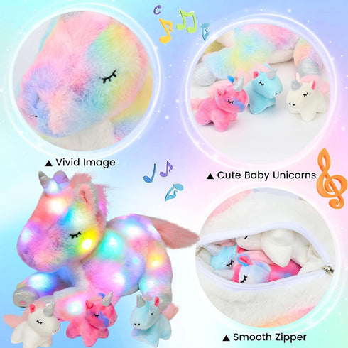 Hopearl LED Musical Stuffed Unicorn Playset, Singing Plush Toy with 3 Baby Unicorns, 19'' for Toddlers.