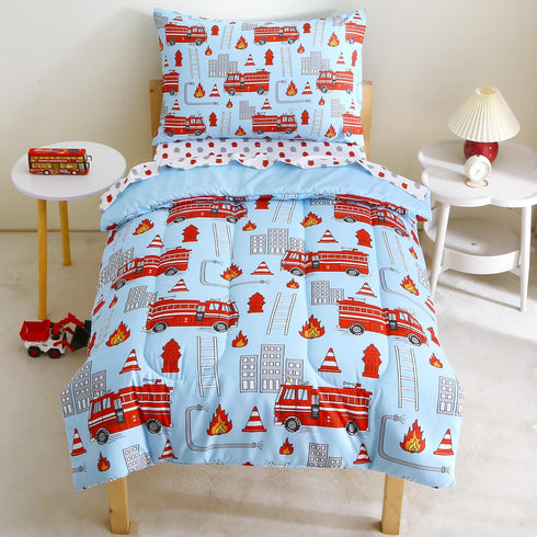 Mooreeke 4 Pieces Toddler Bedding Set - Fire Truck Blue Toddler Comforter