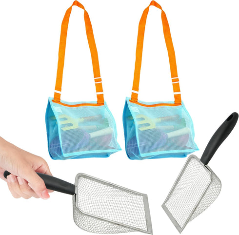 4E's Novelty 2X Shark Tooth Sifter for Beach with 2X Small Mesh Beach Bag for Shell Collecting, Metal Sand Scoop for