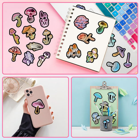 50 Pcs Fantasy Neon Mushroom Water Bottle Stickers, Waterproof Vinyl Mushroom Plant Laptop Decals, Teens Students