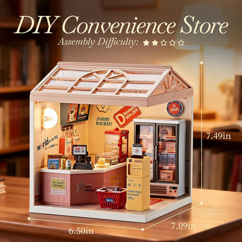 92Pcs 1:24 8+ Miniature DIY House Kit Convenience Store Scale Dollhouse Mini-Mart Corner Store Shop with LED Light