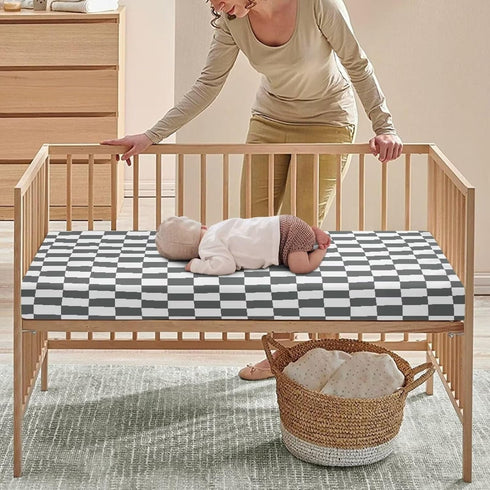 JIANADAER 28"x52", Checkered Fitted Crib Sheet Grey and White Plaid Geometric Gingham Standard Crib Mattress Fitted