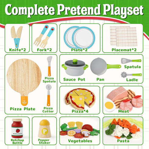 Sets 3-5 Lehoo Castle Wooden Play Food for Kids Kitchen - Pizza Toy with Pot & Pan, Play Kitchen Accessories, Pretend