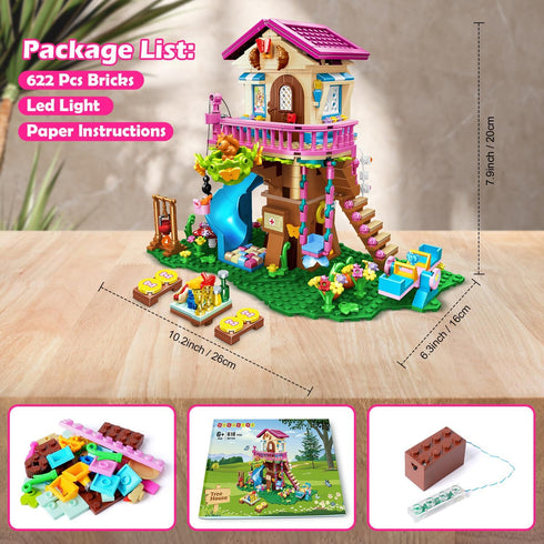 HOGOKIDS Tree House Building Set with LED Light, 622pcs Treehouse Building Blocks Toys, Forest Up House Kit with Slide