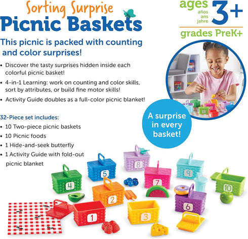 Learning Resources 32-Piece Sorting Surprise Picnic Baskets, Toddler Sorting & Matching Skills Toy for Ages 3+