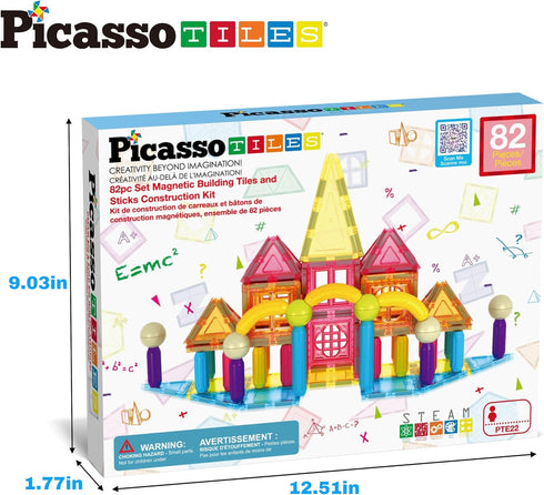 82 3+ PicassoTiles Piece Magnetic Sticks and Magnet Tiles Construction Building Block Toys for Toddlers, STEM Learning