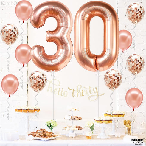 KatchOn Rose Gold 30 Balloon Numbers Set - Giant 40 Inch | 30th Birthday Decorations for Women with Confetti Balloons