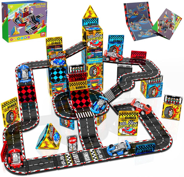 Magnetopia Magnetic Tiles Road Set | Magnet Tiles Race Track, Magnetic Car Racing
