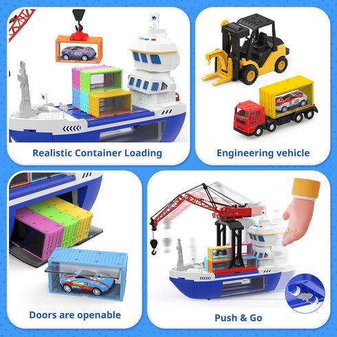 2-in-1 Playset, CUTE STONE Toy Boat & Tower Crane Cargo Ship with Lights/Sounds | Push-Go Transport Ship & Construction