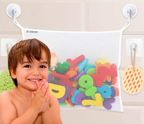 Bath Toy Net 18”x16” - Kids Bath Tub Toy Holder, Mesh Bag for Bath Toys, Large Bathroom Bucket Bin + 2 Suction Cups &