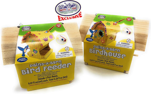 Matty's Toy Stop Paint-A-Barn Gift Set Bundle - Wooden Birdhouse & Bird Feeder (Includes Paints & Brushes) - 2 Pack