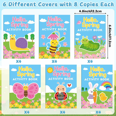 24Pcs Set Spring Activity Books for Kids - Hello Spring Mini Games Coloring Book Bulk Insect Floral Mazes Word Search