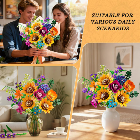 Set 912PCS 18 12+ CUBIMANA Wild Flowers Bouquet Building with Lights - Wildflower Botanicals Collection Building Blocks