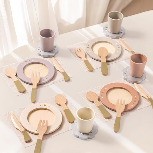 ROBOTIME Play Kitchen Dishes Set, 29PCS Wooden Toddler Plates and Dishes for