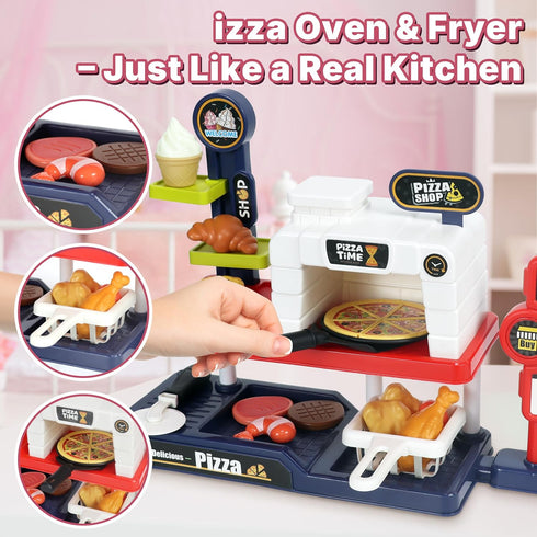 KiddoKraft Set 3-6 Kids Pizza Play Pretend Pizza Kitchen Toy with Cutting Food, Grill, Fryer, Cash Register