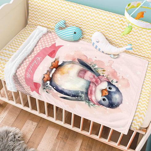 Novusopt Baby Blanket Custom Penguin Blanket for Kids Personalized Baby Blanket Pink Throw Blanket Floral Throw Blanket