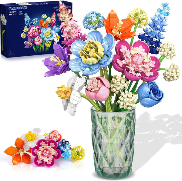 PLAXSOON Flower Bouquet Building Set, 888 PCS Botanical Collection Building Block Toy,