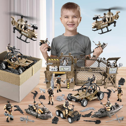 JASSKKBO 86-In-1 4-7 6-8 8-12, Army Men Toys for Boys Military Base/Truck/Kayak Boat/Motorcycle/Helicopter/Army Men
