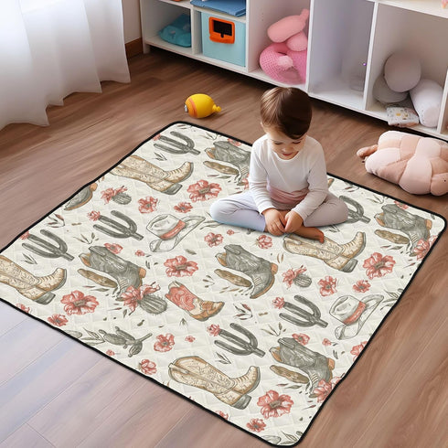 KICPOAY 50 50 Baby Play Mat Cowboy Boot Hats Western x Playpen Mats for Floor Play Gym Crawling Mat Non-Slip Cushioned