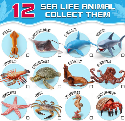 12 Pack Ocean Animal Toys with Educational Booklet for Kids, Realistic Soft Plastic Creatures Model Figures for Toddler
