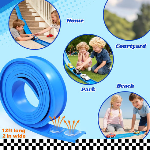12 Set: 3+ 1/64th Flex Track Ft Starter Portable Rolls Up Race Tracks for Kids - DIY Race Car Ramp Track with Suction