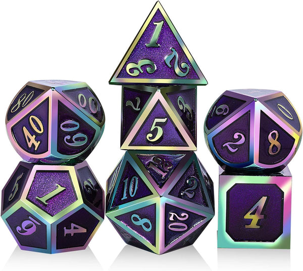 Purple Metal Dice Set D&D - 7 Die Enamel Polyhedral Dice Set with Metal Tin for Role Playing Game