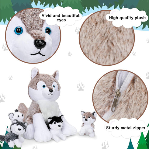 5PCS Wolf Plush Toys, 13.4 Inch Wolf Mom with Mini Babies, Stuffed Animal Family Set for Girls Boys Christmas