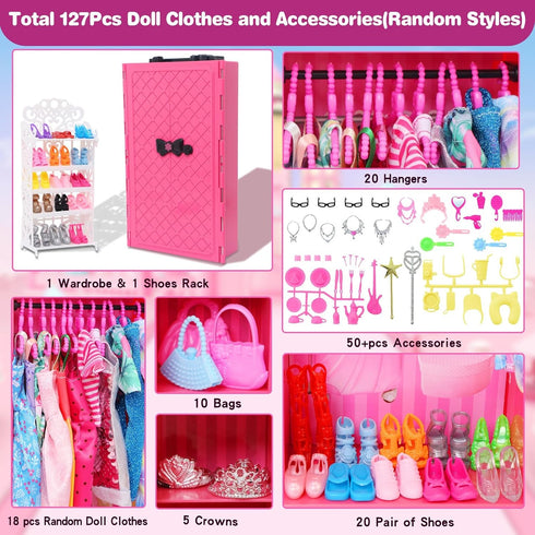 127pcs Closet 11.5 inch 1/6 Doll Clothes Accessories and for Girl Doll,Dollhouse Wardrobe Storage Fashion Dress Gowns