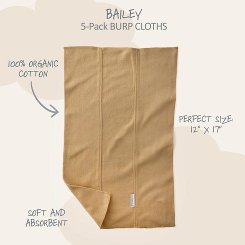 5-Pack 100% Butterblu Bailey Burp Cloths Organic Cotton Knit for Newborn & Baby Boys & Girls, Terra, One Size