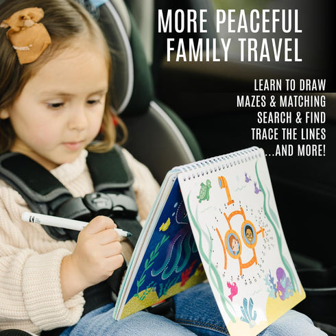 Kids Travel Educational Activity Book with Washable Markers, Car and Airplane Activities, Reusable Stickers, Ages 4-6