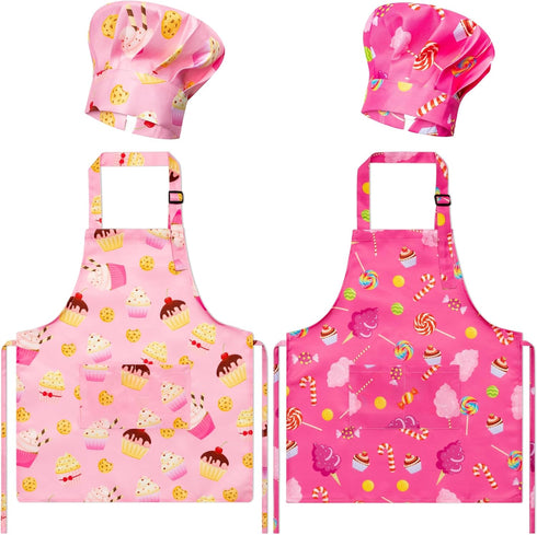 GROBRO7 4Pcs Kids Apron and Chef Hat Set Gift for Girls Boys,